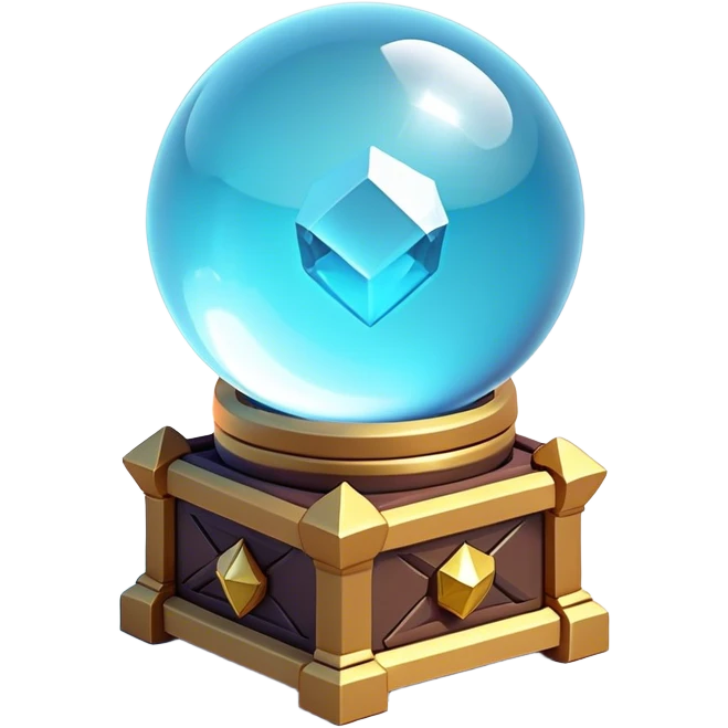 Clash of Clans aesthetic: Cinematic Playful 3D Isometric Crystal Ball Emoji, rendered in a 3D vector-style similar to standard emojis with minimal shading and bold, simplified shapes. A compact, distinct form with signature details, softly glowing with a fantasy RPG magic charm. Simplified yet unmistakably iconic, highly detailed and consistent, glowing with a soft radiance and high shine. Stylized with a touch of heroic grandeur and a soft glowing outline, capturing the essence of a beloved gaming relic with a friendly, playful manner! emoji