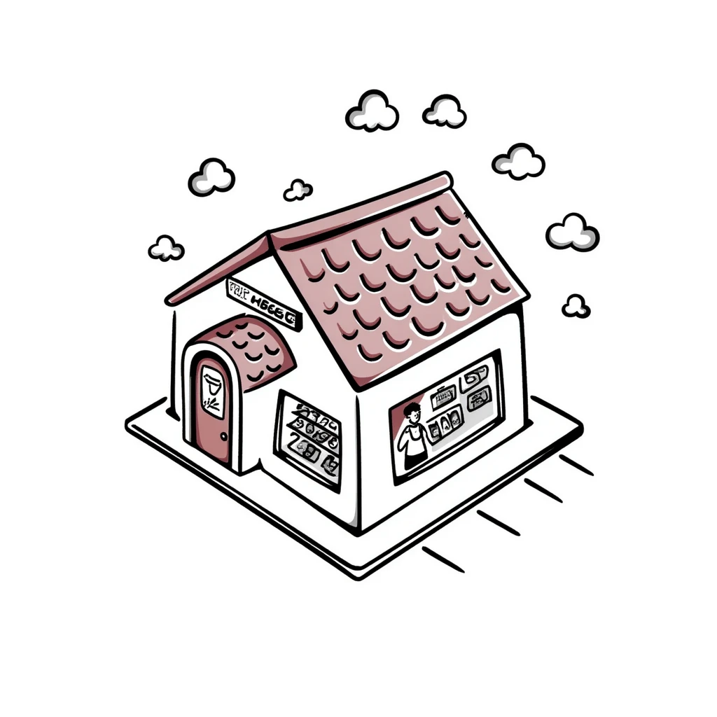 isometric view of a supermarket with a distinctive red tiled roof, glass entrance, and small parking lot emoji