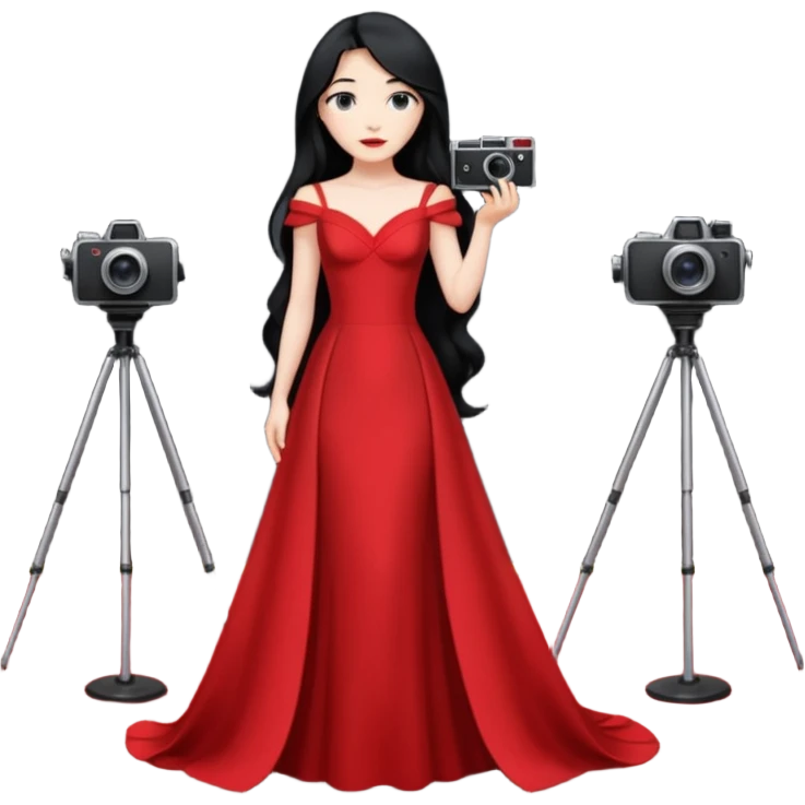 an actress standing on a red carpet with a formal dress, with only one film camera next to her. emoji