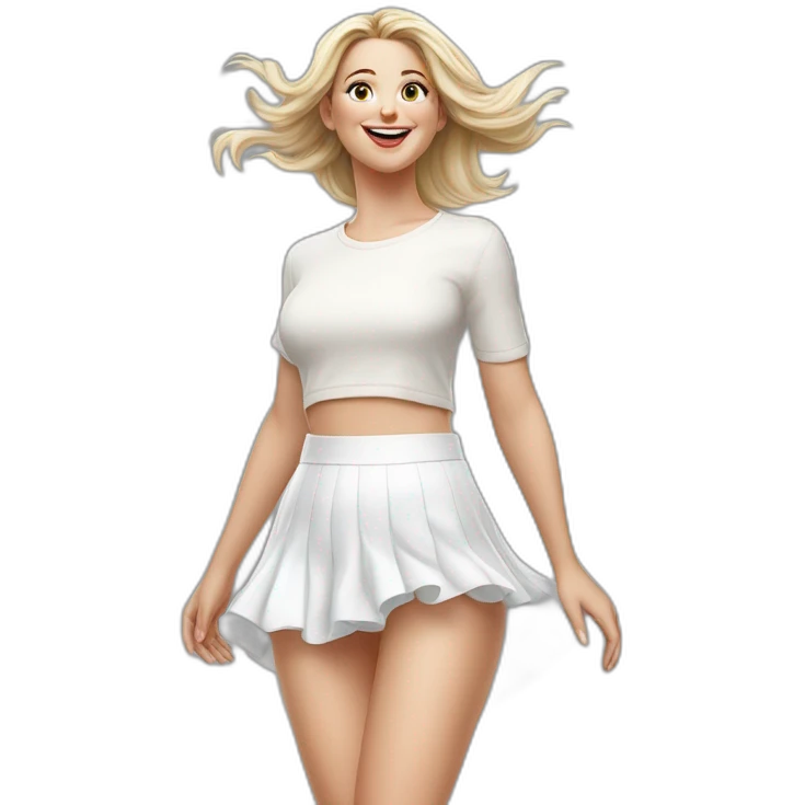 Hyperrealistic Full body Caucasian curvy beauty jumping short white skirt back and front views strong wind knickers long white socks emoji