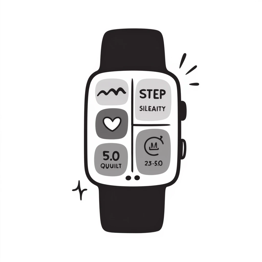 A fitness smartwatch with health tracking display in pastel colors (dd9fb0, ffc6d3, a3bfc9, c4bee2, f1b091), hand-drawn doodle style emoji