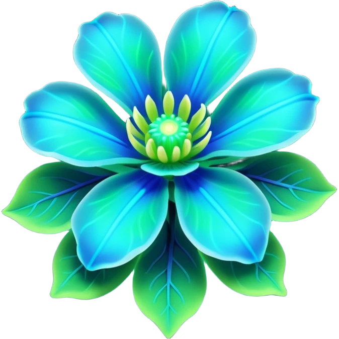 3D render of Avatar-style Flower, bioluminescent deep sea style, glowing neon blue and green lights, dark background to contrast the glow, translucent organic textures. emoji