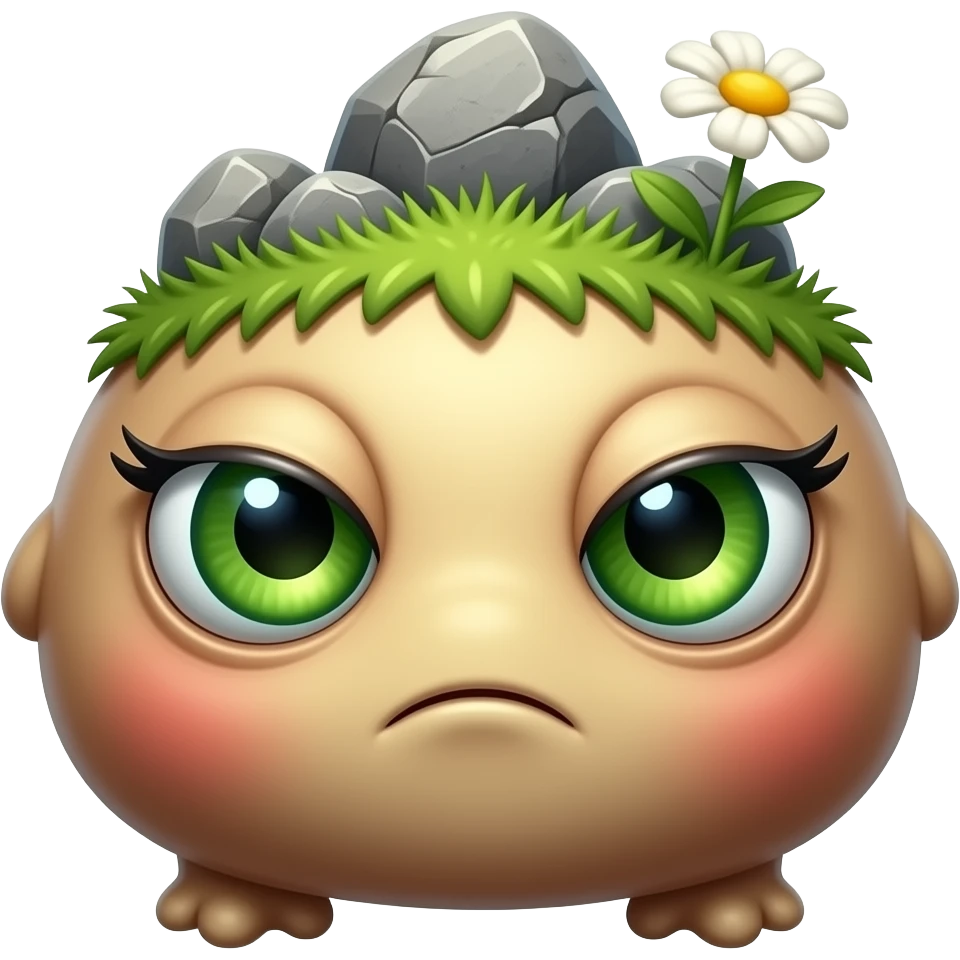 Weird mushroom creature small with rocks growing on its back with one shingle green eye with a flower growing on it with grass on its whole body emoji