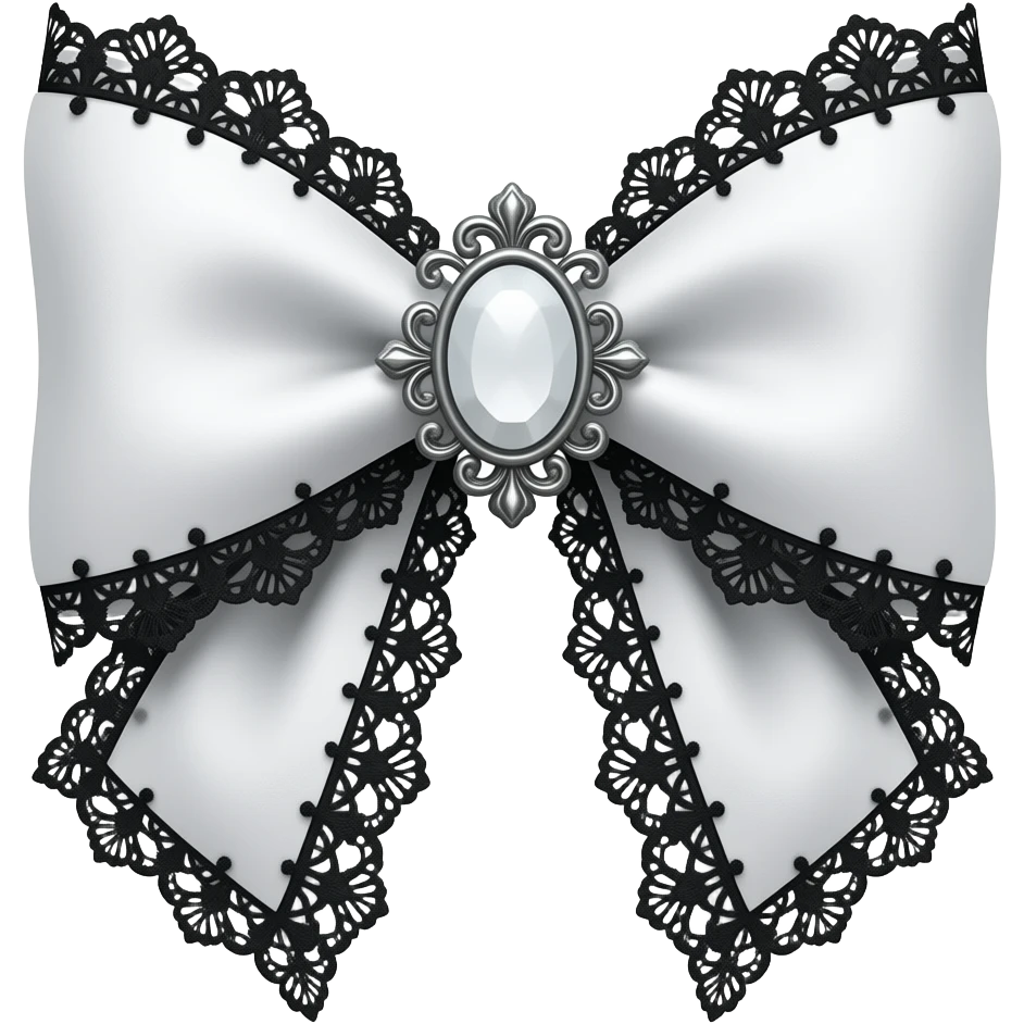 3D emoji gothic bow, white velvet, silver filigree, black lace trim, white gem, elegant emoji