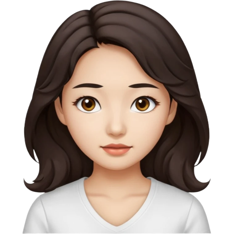 iOS style emoji. A girl with very long dark brown wavy hair. And the eyes color is dark brown. And she is wearing white t shirt with V kneck. And she is 30. She is Asian with double eyelids  emoji