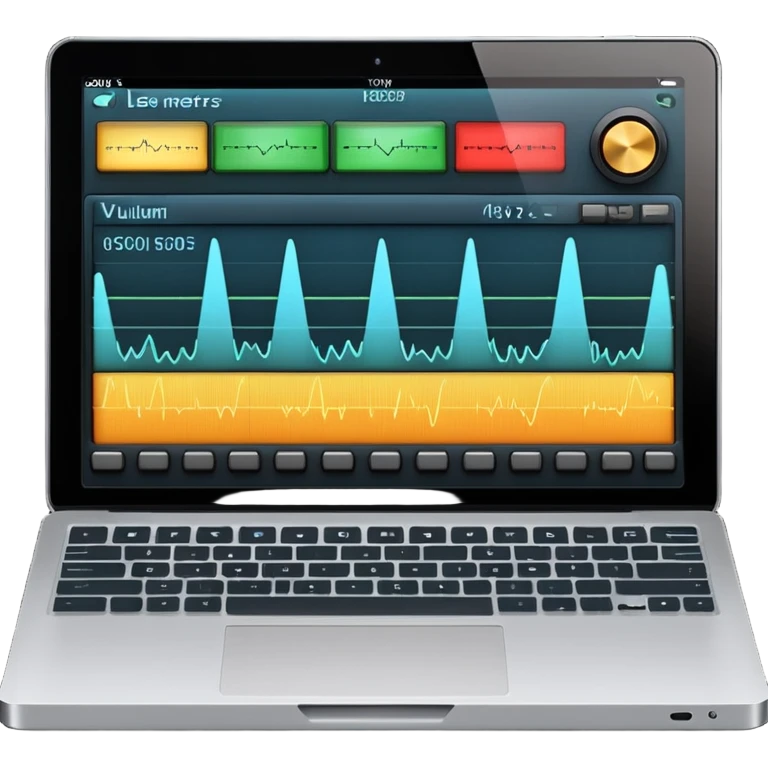 Close-up shot of a laptop screen clearly visible, showing a professional audio mixing interface focused on voice editing: audio level meters (VU meters) moving, voice waveform, volume faders, EQ panel, compressor, limiter, noise reduction, de-esser, gain controls emoji