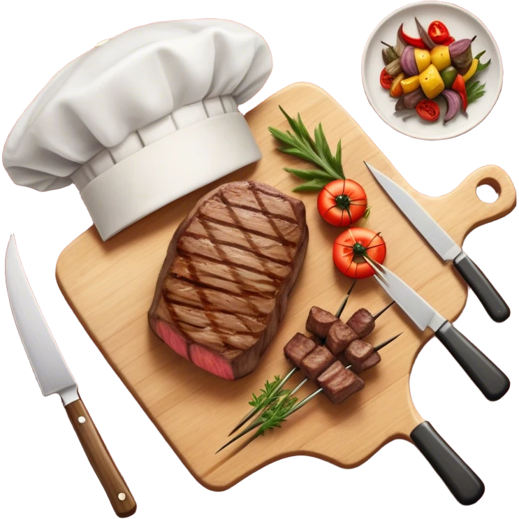 icon featuring a chef’s hat, a cutting board with fresh ingredients, a knife, a beautifully cooked ribeye steak, shashlik skewers, and a plate of food in the making. The design captures the passion of cooking with warm, inviting colors, and realistic textures. Transparent background. emoji