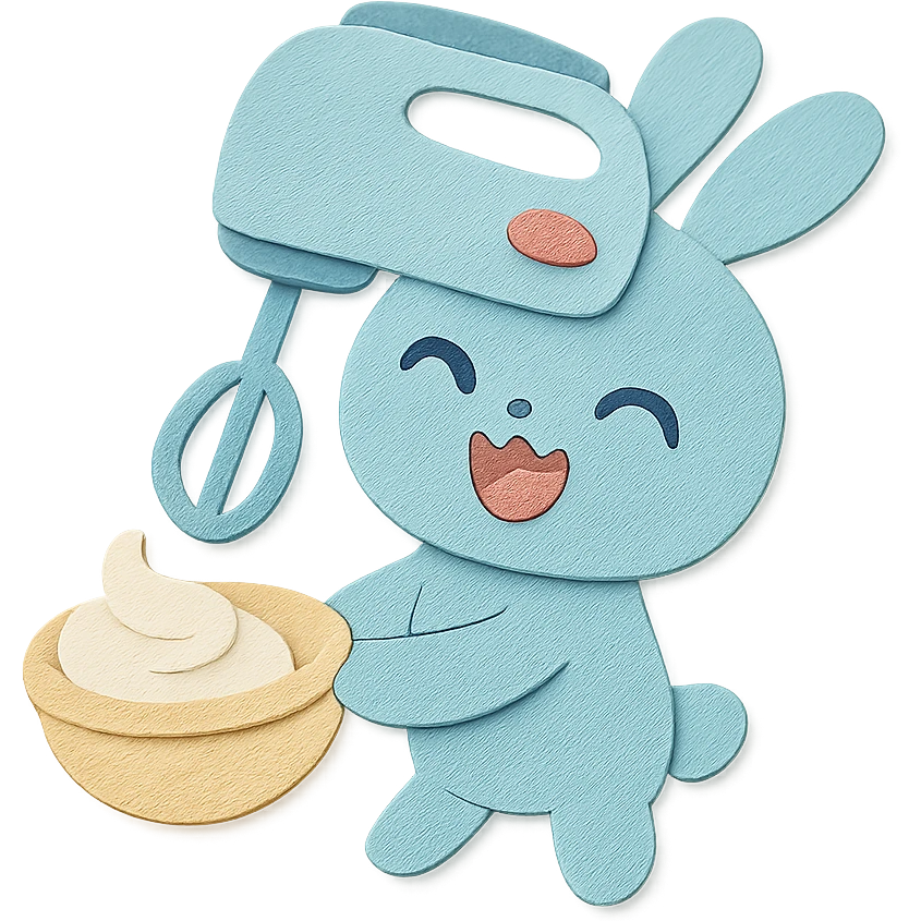 chibi hand mixer-rabbit hybrid, spinning cream, joyful expression, soft pastel blue, full-body emoji