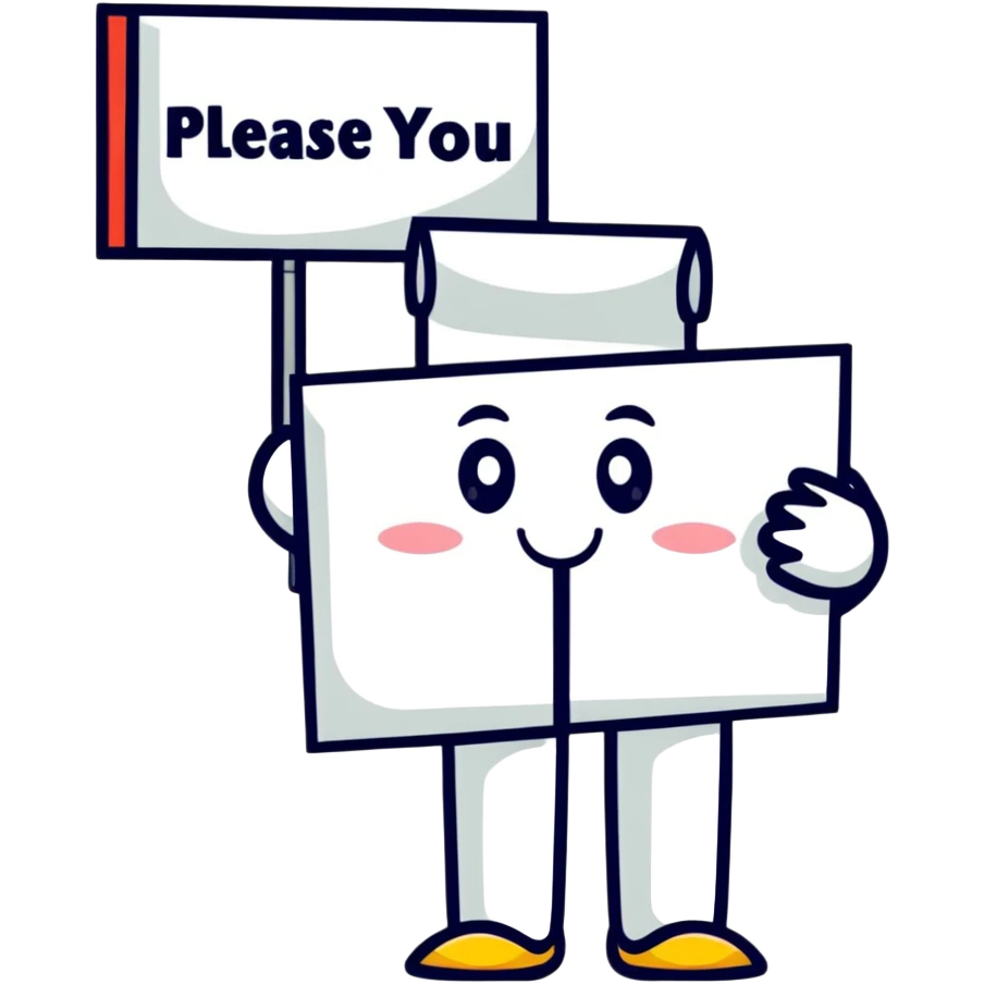 Character holding a sign that says please and thank you emoji