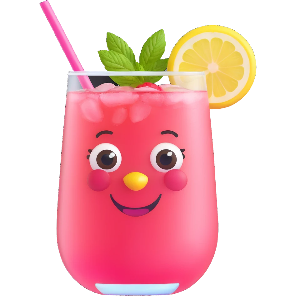 cheerful memoji-inspired character as glass of strawberry spritz lemonade with expressive eyes, big smile, pink bubbly drink, strawberry slices, mint, lemon, striped straw, fun stylish emoji