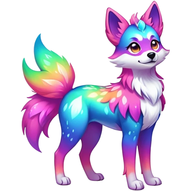 Vibrant multicolored neon-colored Falvie-Fionbri-creature-sparkle-dog-fursona, full body emoji