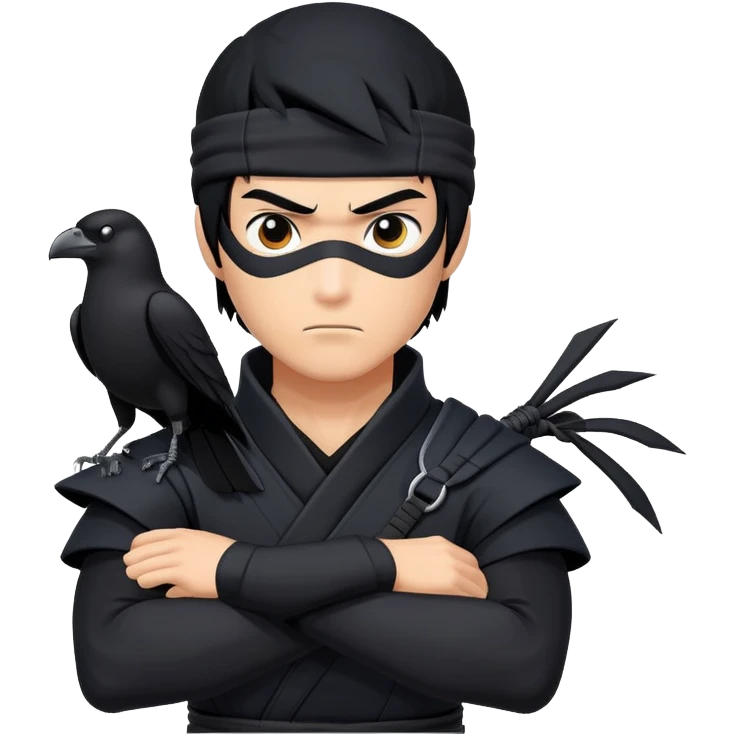 clash-of-clans-aesthetic_-cinematic-mysterious-male-ninja-portrait-emoji, rendered in a flat, vector-style with minimal shading and bold, simplified shapes, with a head slightly turned revealing intense, focused eyes. the ninja has his arm out and perched on top of his forearm is  a  giant black crow emoji