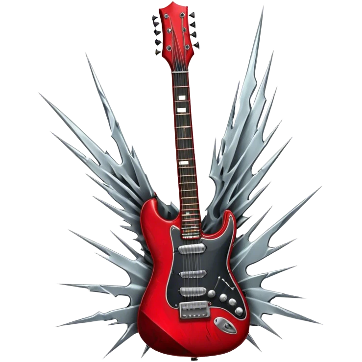 Create a fierce and edgy emoji representing hardcore rock vocal performance in a humanless collage. The design should feature a vintage microphone at the center, Add crossed drumsticks behind the microphone to symbolize the rhythm and power of the drums. surrounded by a menacing, distorted electric guitar with sharp, aggressive angles. Include subtle elements like lightning bolts, flames, or jagged sound waves to evoke the raw energy and intensity of hardcore rock. Use dark, intense colors like black, red, and silver, with a metallic, gritty finish to convey the rebellious, aggressive spirit of the genre. The background should be transparent. emoji