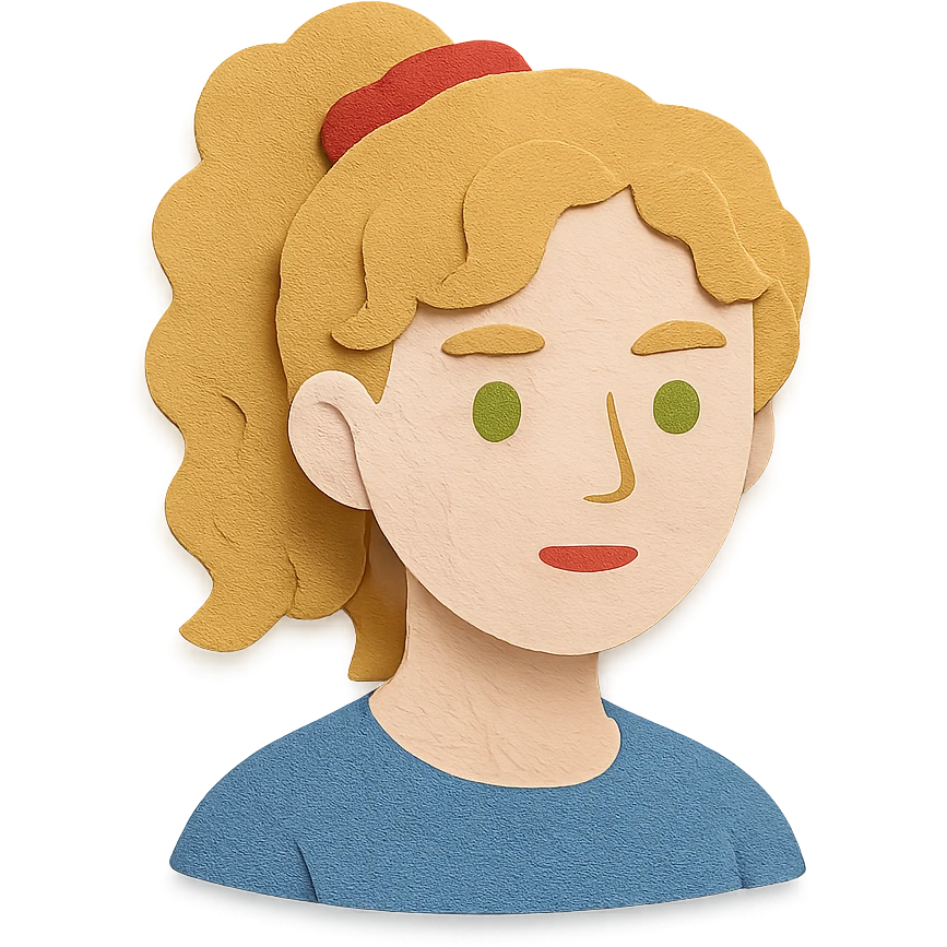 paper craft style character with blonde, curly shoulder-length hair tied back with a red scrunchie, pale white skin, pale green eyes emoji