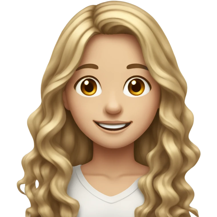 a young white girl with long wavy brown hair with blonde highlights, brown eyes smiling emoji