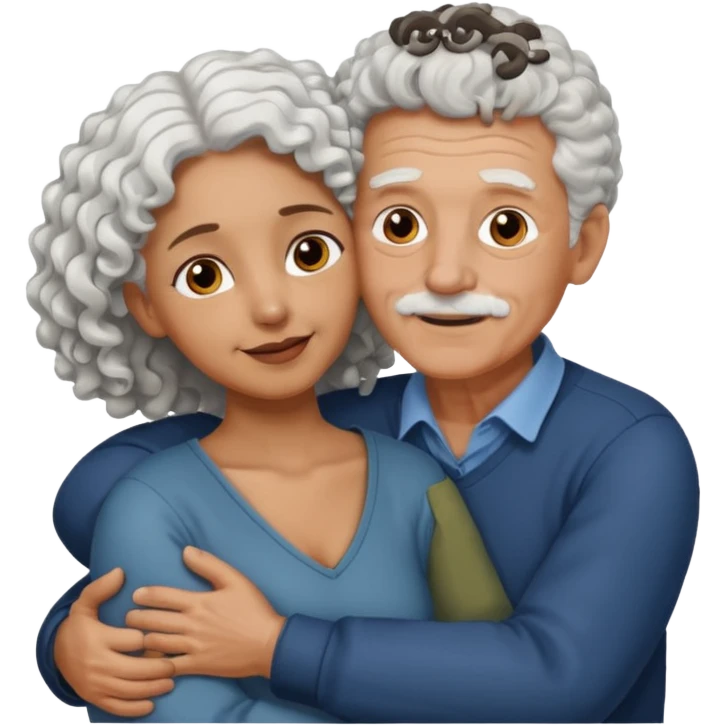 Old man hugging brown skin curly hair woman emoji