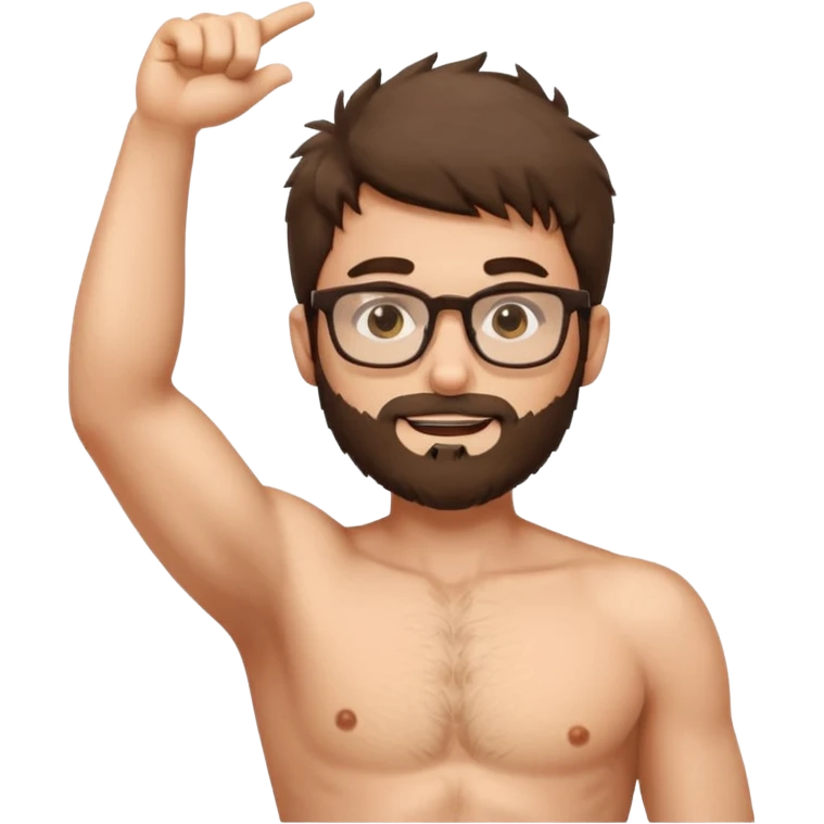 iOS emoji-style cartoon, light stubble, glasses, wide eyes, neutral skin tone, shirtless , very hairy chest , one arm up very hairy armpit emoji