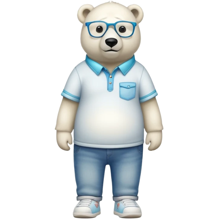 friendly anthropomorphised polar bear standing upright, looking relaxed, wearing a shirt, jeans, trainers, oversized multicolored extravagant glasses emoji