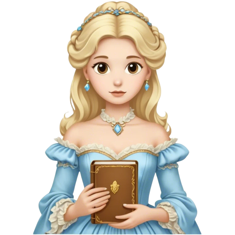 Blonde model with brown eyes wearing a light blue silk rococo gown clutching a golden notebook emoji
