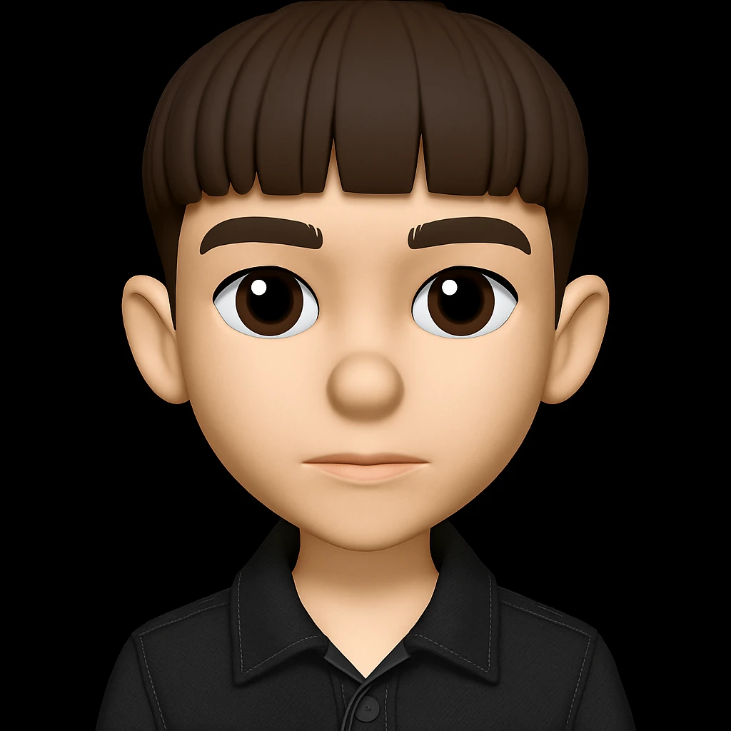 Change the boy's outfit to a black denim jacket and make the boy slim and not fat. Keep the boy's face and all other features the same as the original image. emoji