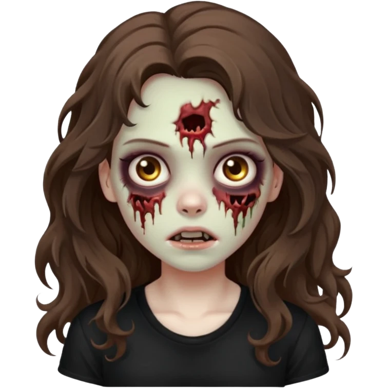 crie um emoji de uma garota zoombie cabelo castanho e longo , assustadora e fofa com cabelo ondulado 2b e camiseta básica preta emoji