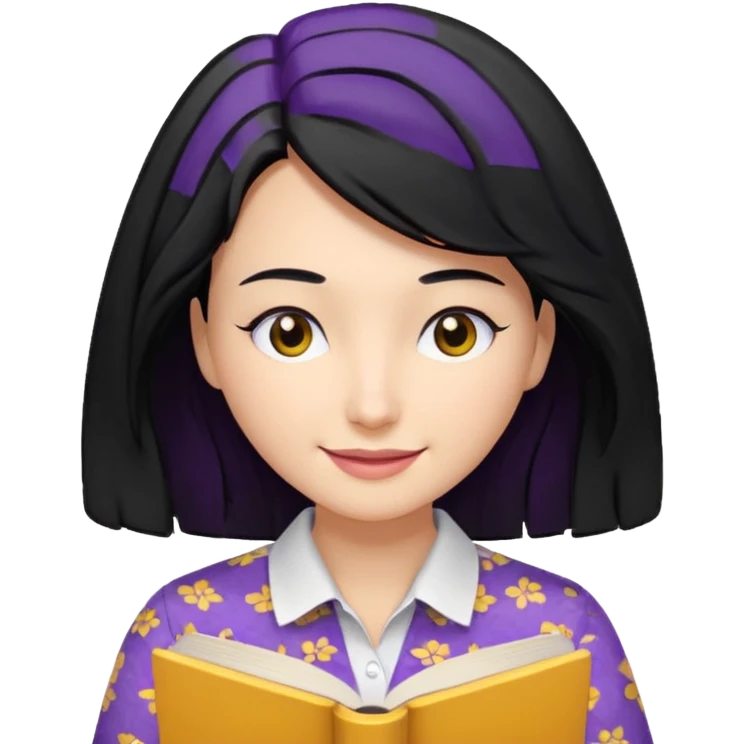 검정머리에 책읽고있는 여자. 해줘. 그리고 그 책으로 얼굴 반은 가린듯한 머리는 약간 파마 앞머리 없고 그리고 너무 무섭게 말고 책 읽는다고 얼굴 반은 가린듯한 책은 흰색에 보라색 노란색 섞여있고. 약간 미소 상의는  흰옷 . 아이폰 이모티콘 형태로 부탁 옷은 하얀색. 그리고 책은 흰색배경에 노란색 보라색 약간의 무늬 emoji