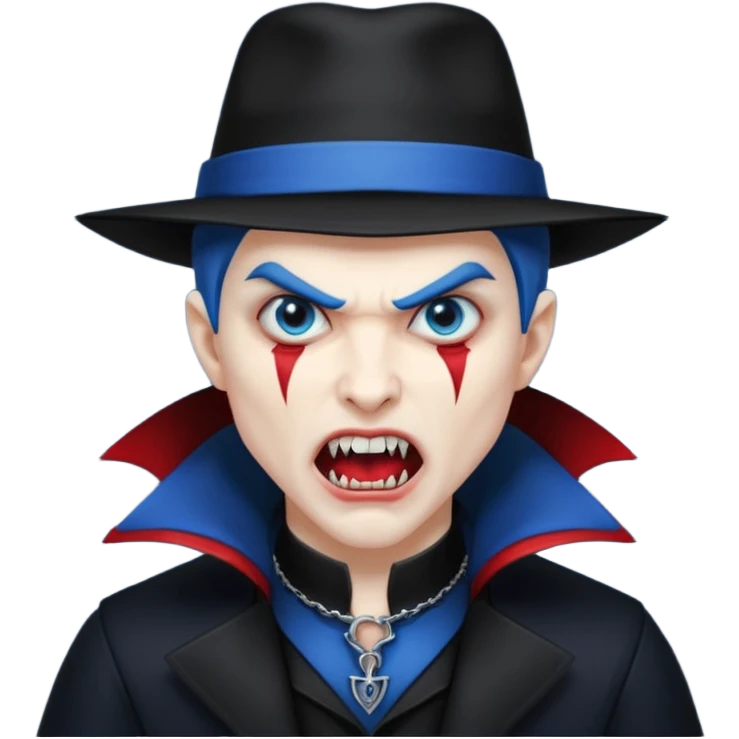 Vampire with blue hat,black coat with read collared ,teeth looks like vampire with aggression on face, full body. emoji