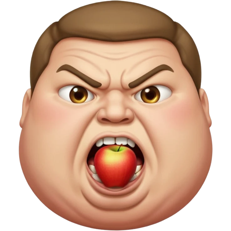 obese man mouth wide open as if shouting, bulging eyes, angry, with 'PRONOUNS' at the top, Apple emoji style emoji