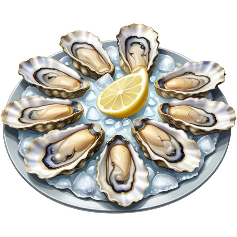 Cinematic fresh oysters on the half-shell, glistening with seawater, served with lemon wedges and ice, soft glowing highlights, elegant and luxurious. emoji