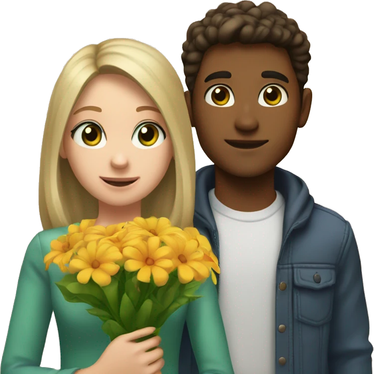 a girl with shoulder-length blond hair, green eyes, stands with a bouquet of flowers, next to her is a boy, brown eyes, brown hair, holding a CFS package emoji
