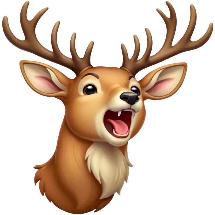 Cinematic Cute Yawning Deer Portrait Emoji, Head tilted slightly with a dramatic, wide-open yawn, revealing a soft, dappled Fur and elegantly drooping ears, eyes barely open in drowsy contentment, Simplified yet irresistibly adorable features, highly detailed, glowing with a soft, cozy glow, high shine, relaxed yet expressive, stylized with a touch of natural whimsy, bright and endearing, soft glowing outline, capturing the essence of a sleepy yet affectionate deer, so drowsy it feels like it could stretch right out of the screen and curl up for a nap! emoji