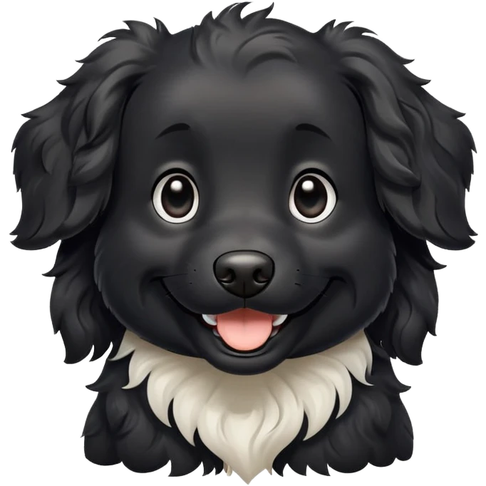 black dog with wavy hair, white chest, happy expression emoji