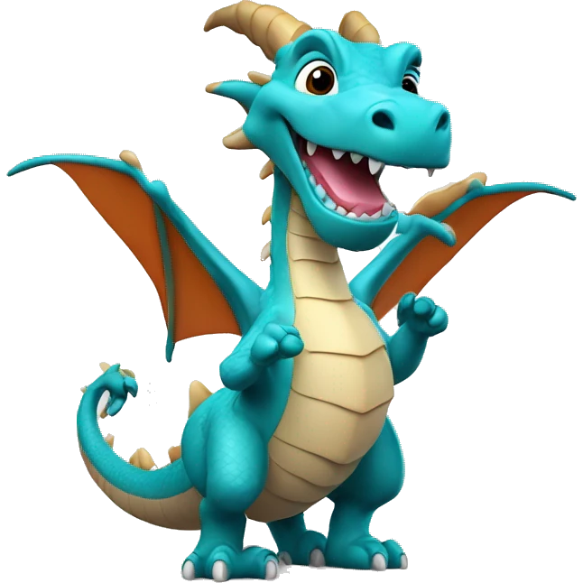3D cartoon dragon character, small body with big head, plain background, joyful pose. –ar 3:4 –v 6. emoji