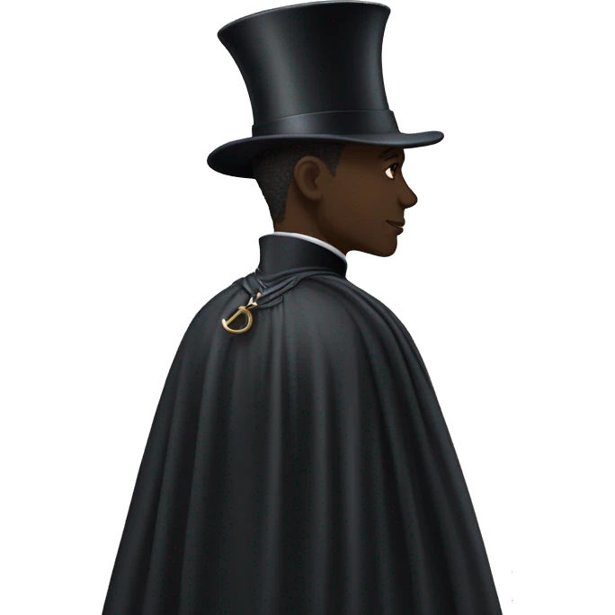 back profile of black magician, cape that says Dior emoji