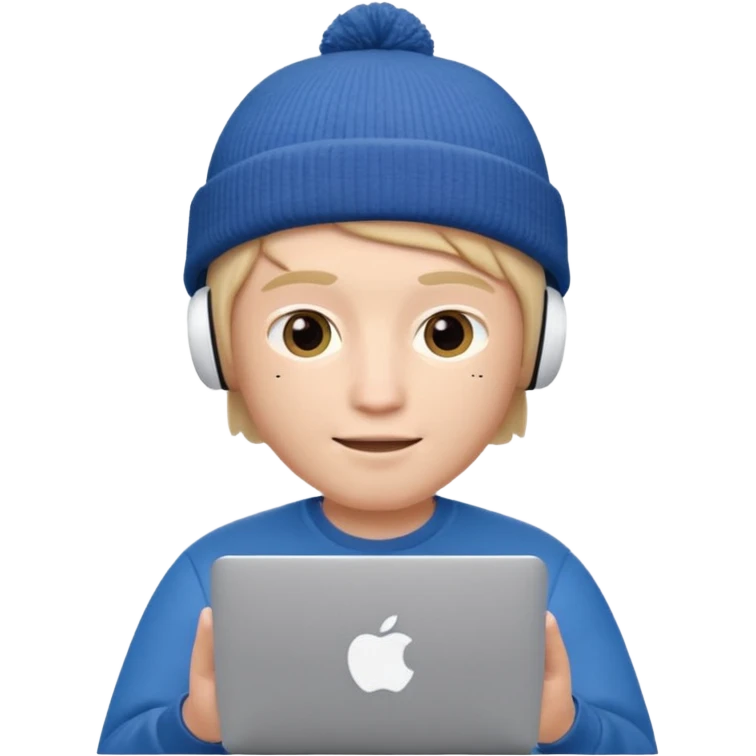 Apple Memoji–style 3D avatar of a young male with a beanie and AirPods, using a laptop, soft lighting, white background. emoji