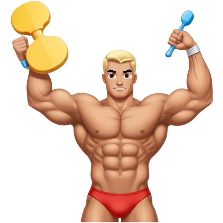 Cartoonish pro bodybuilder on stage - left arm normal, right arm grotesquely swollen like water wing pool float. Judges holding "10" paddles shaped as diuretic pills. 90s comic book halftone shading. emoji