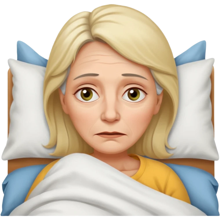 A 55-year-old woman lying in bed. She looks exhausted and desperate, with visible dark circles under her eyes, tired facial expression. emoji