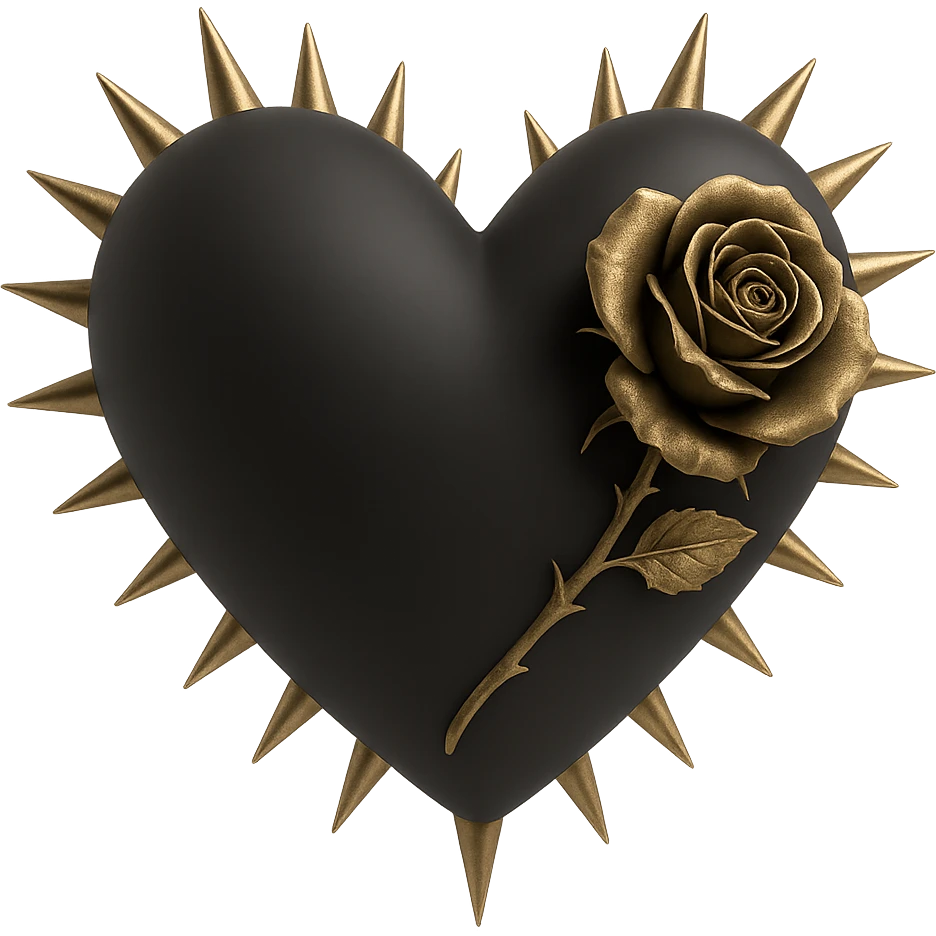 Add a gothic rose accent to the 3D goth black heart with metallic spikes, keeping it dark and elegant with a gothic touch. emoji
