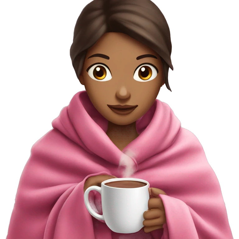 brunette girl in a pink blanket drinking hot chocolate emoji