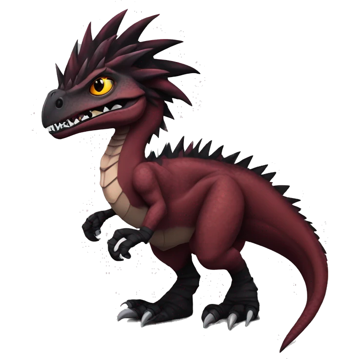 Maroon edgy badass modern sexy handsome punk velociraptor-dragon-Digimon, with black spiky mane, full body emoji