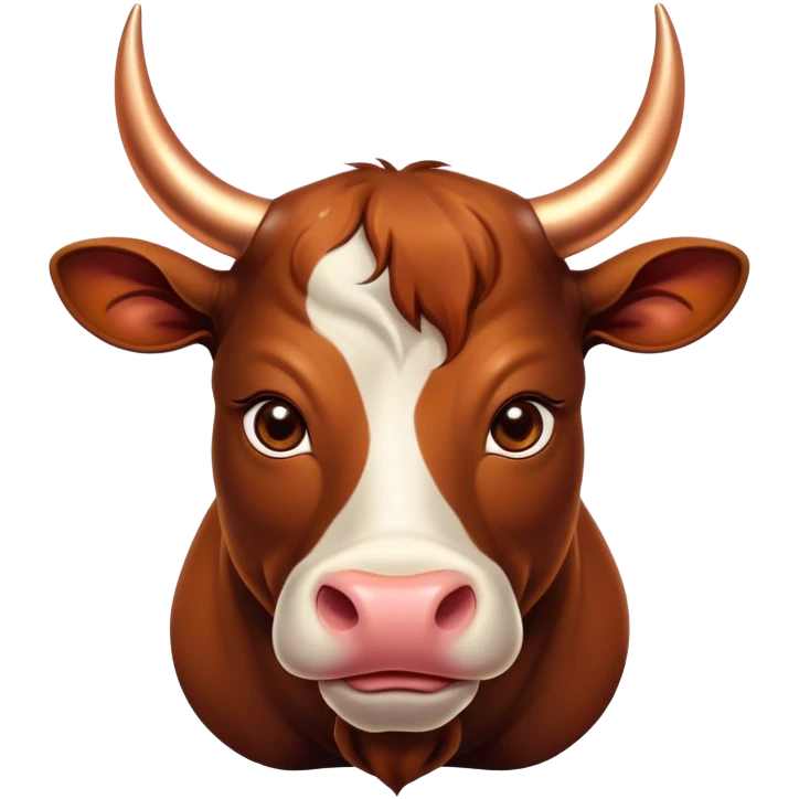 Cinematic Cute Domestic Bull Portrait Emoji, Head tilted playfully and inquisitively, with a sturdy, compact build and a smooth, polished coat of rich copper and brown hues accentuated by gently curved horns, round, sparkling eyes full of curious determination, Simplified yet irresistibly adorable features, highly detailed, glowing with a warm, friendly glow, high shine, affectionate and spirited, stylized with a touch of rustic charm, soft glowing outline, capturing the essence of a mischievous yet loving domestic bull that feels like it could trot out of the screen and into your arms! emoji
