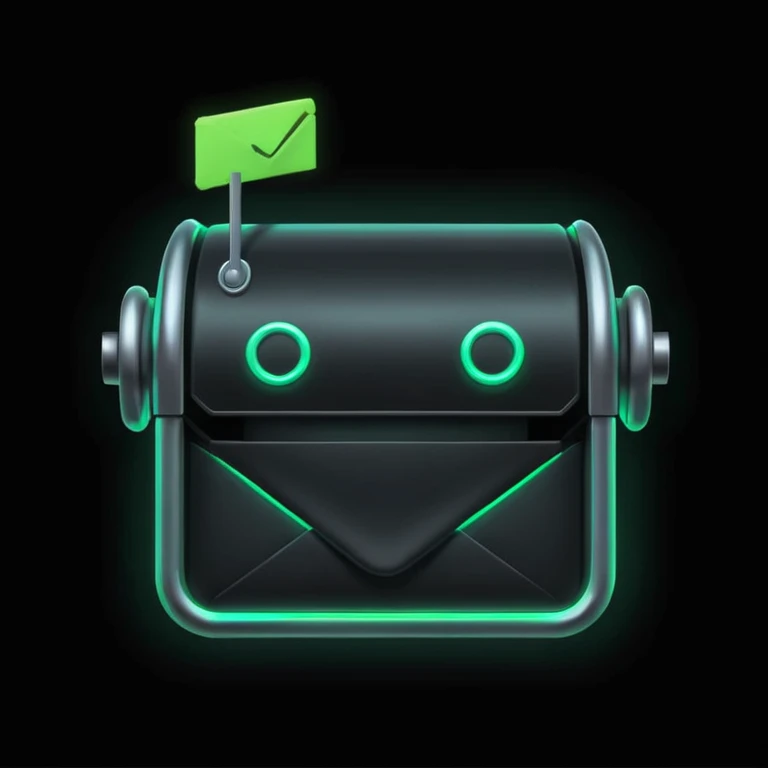 green mailbox robot icon, neon glow, black background, white envelope with code inside, centered, cyberpunk style, futuristic UI

 emoji