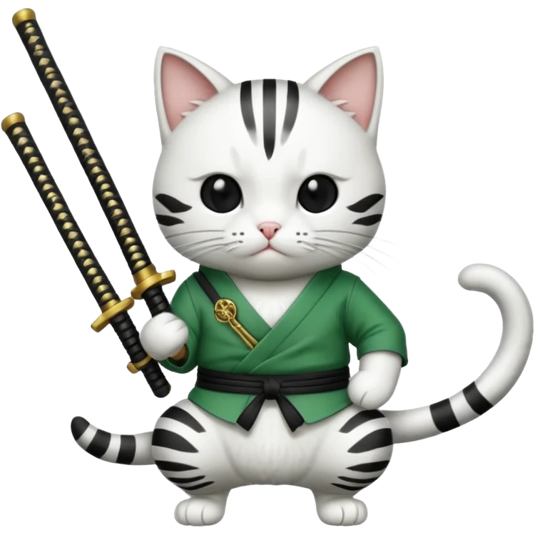 un gato blanco con reeferencia a roroa zoro "una espada en cada mano y una en la boca emoji