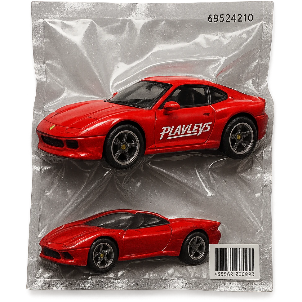 red Ferrari in Hot Wheels packaging, 'PLAVLEYS' in stylized racing script on the door, glossy vacuum-sealed style emoji