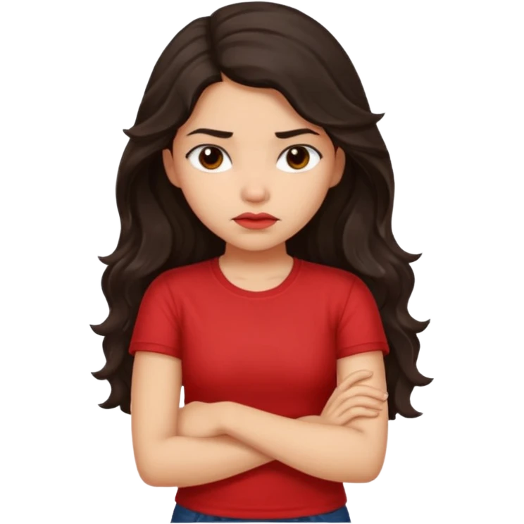 Hispanic girl with long dark wavy hair crossing her arms and slightly pouting emoji