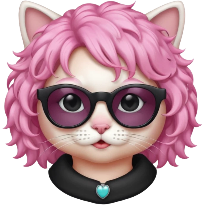White cat wearing pink curly wig, black sunglasses emoji