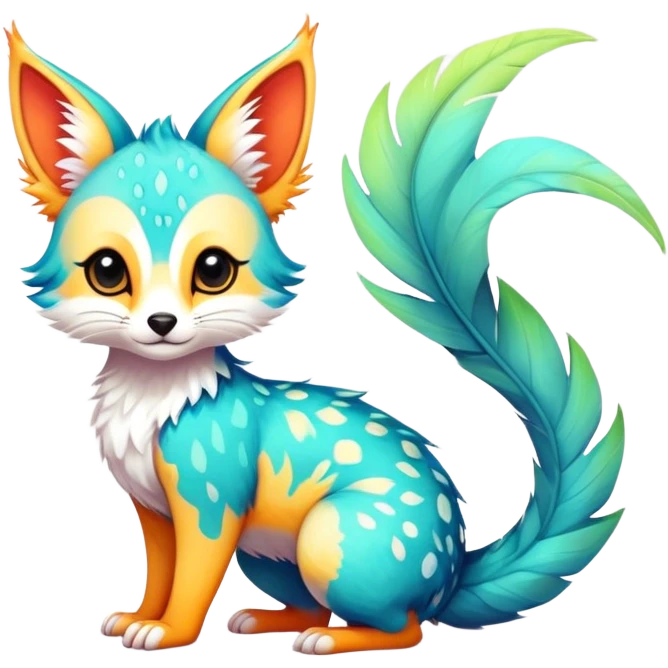 Feral Rare Fantasy vibrant colorful tropical cute, kawaii, cool, ed Vernid-Trico-species by LiLaiRa, random markings, tufted tail, tufted ears, full body, cheek markings emoji