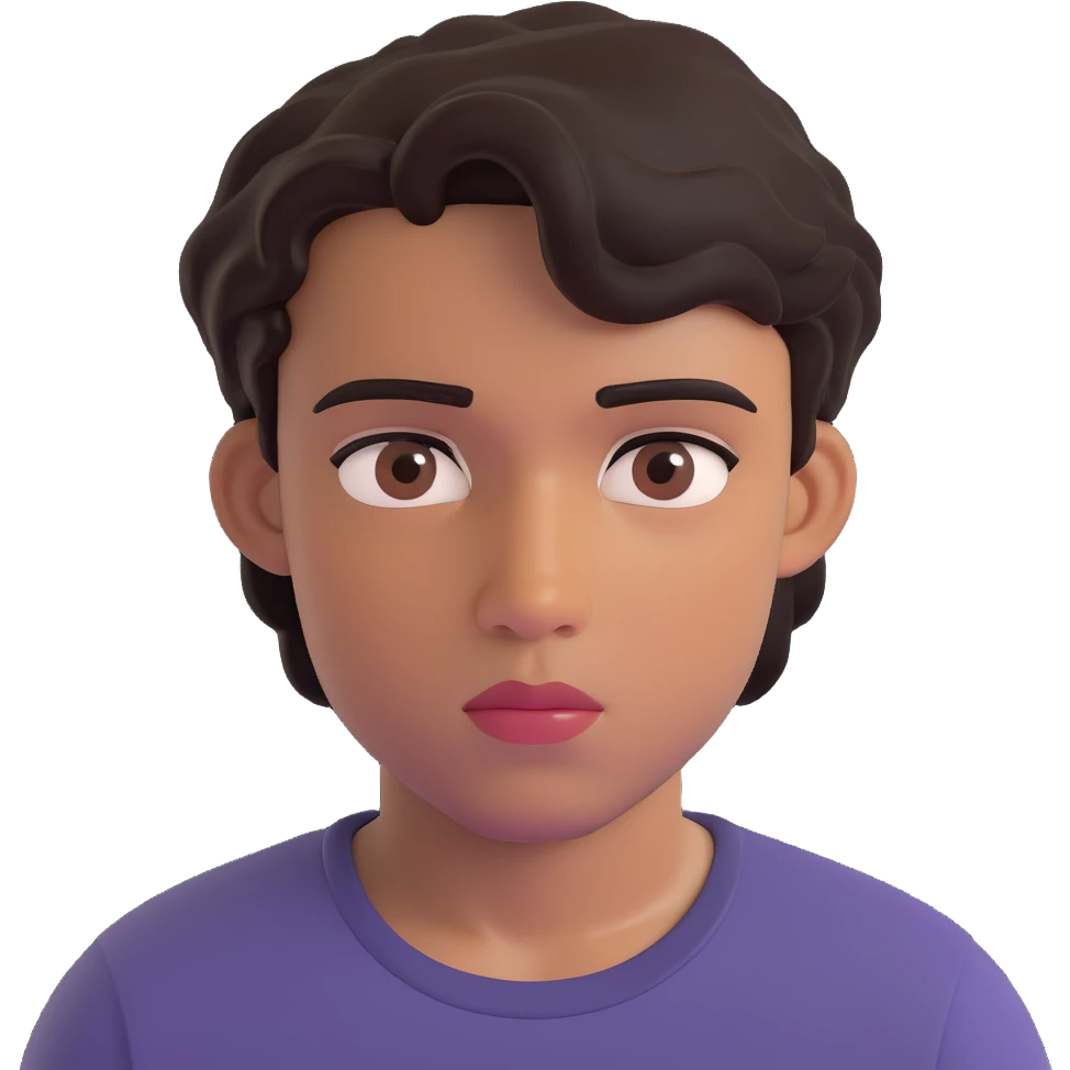 apple style 3D emoji of a teenage boy, front-facing, medium-brown skin, rectangular face, short wavy black hair, thick eyebrows, dark brown almond eyes, calm neutral expression, medium nose, full lips, faint mustache, black t-shirt, faint scar on right cheek, no headphones, plain background emoji