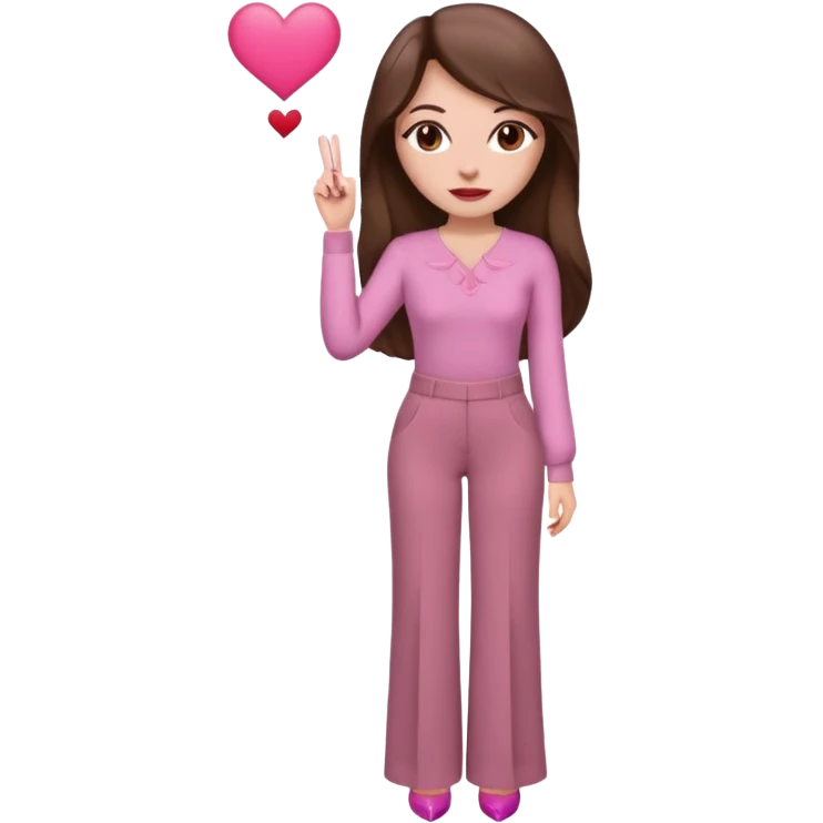  emoji, inspired with brunette hair, brown eyes, long hair, heart shape lips and pink make up  and pink nails, mauve pink blush and brown wide leg pants, burgundy shoulder drop shirt, brown heels , princess hair, brown heels  emoji