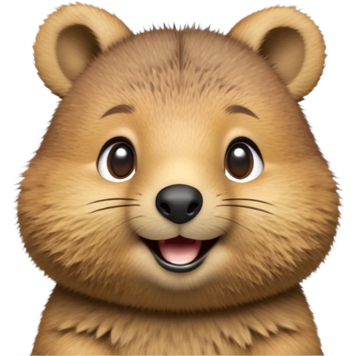 cinematic-realistic quokka-emoji,-small-round-frame-balanced-on-tiny-strong-hind-legs, head tilted in an endearing manner, comical smil, giant-fluffy-cheeks-large-smile-fluffy-brown-fur-radiating-a-warm-softness,-big-round-eyes-filled-with-joy, realistic fluffy zoomed in emoji